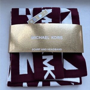 Michael Kors Logo Inverse Scarf & Reversible Headband Set (2PC)-Burgundy & White